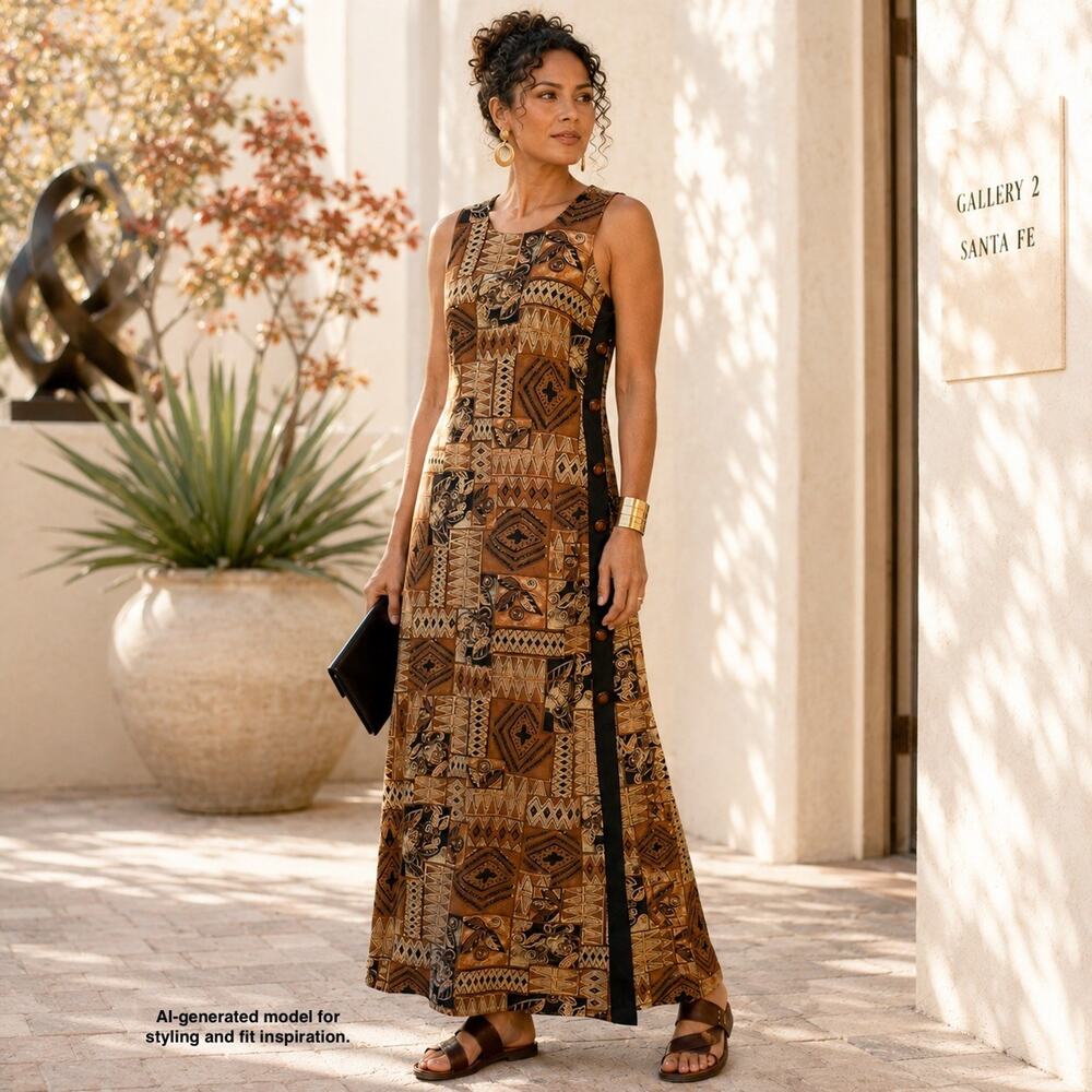 Vintage 80s Misty Lane Linen Maxi Dress Size 8 Tribal Boho Brown Art To Wear USA